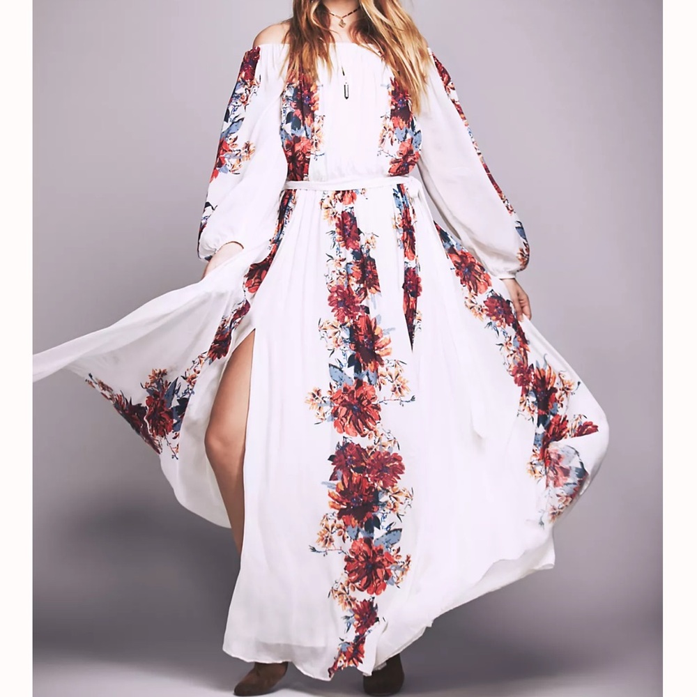 FREE PEOPLE Floral Bardot Printed‎ Maxi Dress Boho Size S - Picture 2 of 11